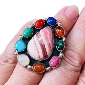 American Southwest Multi Gemstone Rhodochrosite Turquoise Sterling Silver Ring 8